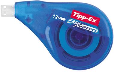 Korrekturroller in blauer, durchsichtiger Hülle mit dem Aufdruck 'Tipp-Ex Easy Correct 12m'.