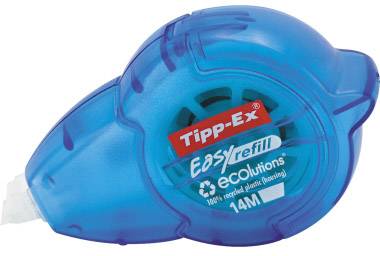 Blauer Korrekturroller mit der Aufschrift 'Tipp-Ex Easy Refill ecolutions'. Enthält 14 Meter Band und ist aus recyceltem Kunststoff.