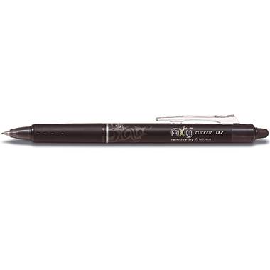 Schwarzer, löschbarer Kugelschreiber mit Druckmechanismus und Clip. Modellname 'Frixion Clicker 07' auf dem Stift aufgedruckt.
