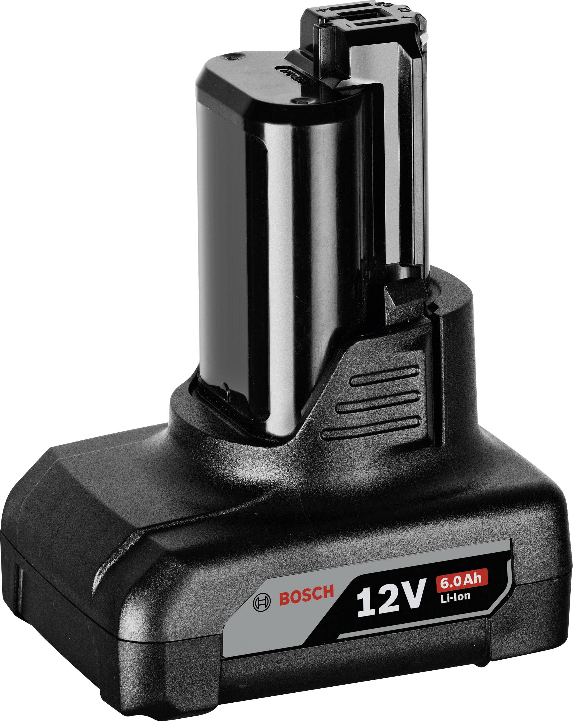 Schwarzer Bosch 12V Li-Ion Akku mit 6,0 Ah Kapazität, rechteckiger Basis und vertikalem Ladeeinsatz, geeignet für kompatible Werkzeuge.