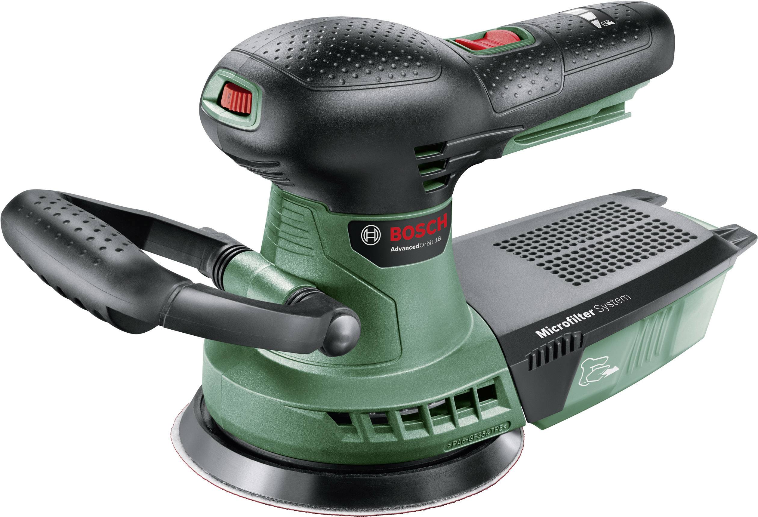 Bosch Exzenterschleifer mit ergonomischem Griff und Staubfangsystem, Modell AdvancedOrbit 18, Farbe grün und schwarz.