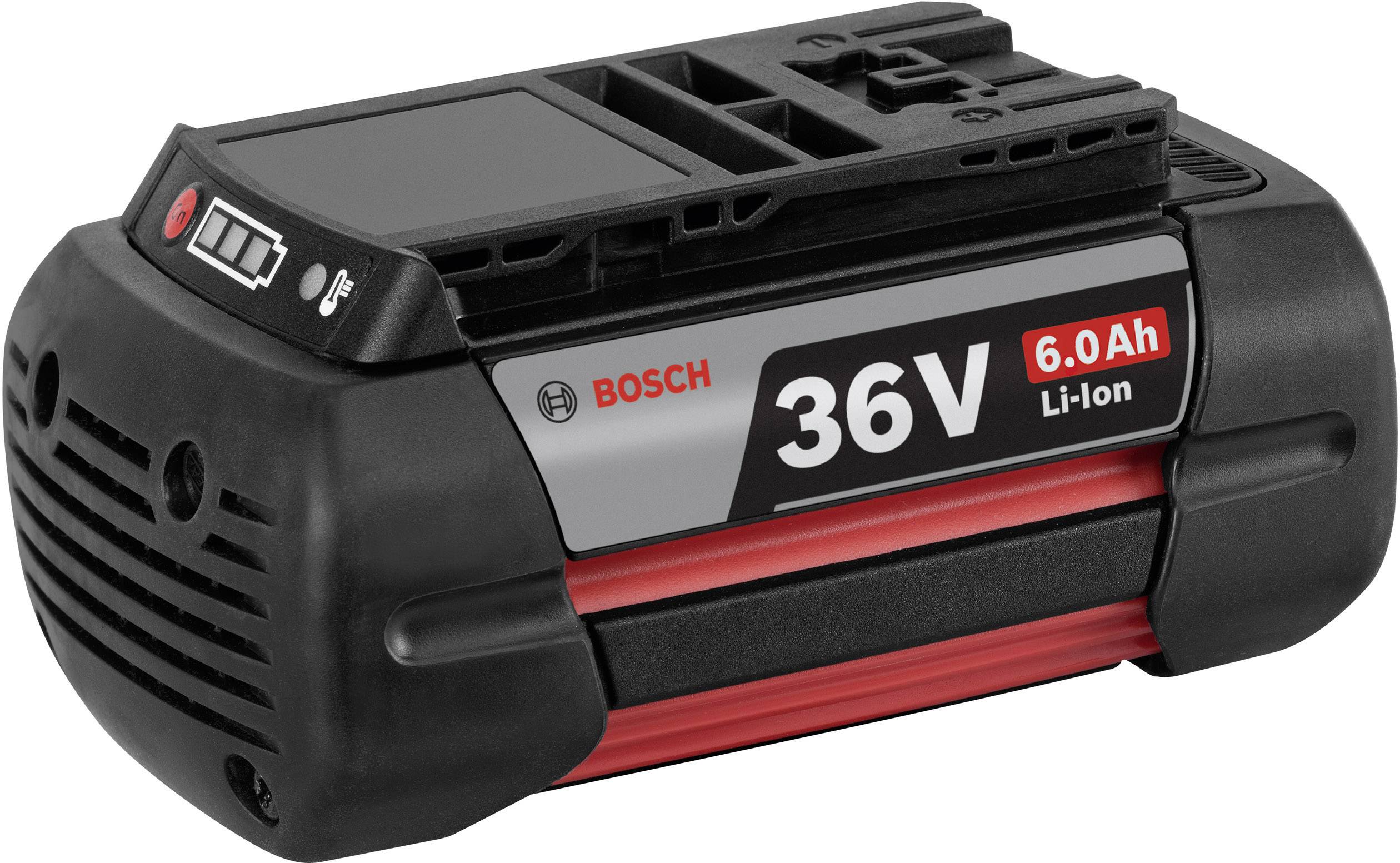'Bosch 36V 6.0Ah Li-Ion Akku' in Schwarz und Rot, perspektivisch von der Seite dargestellt.