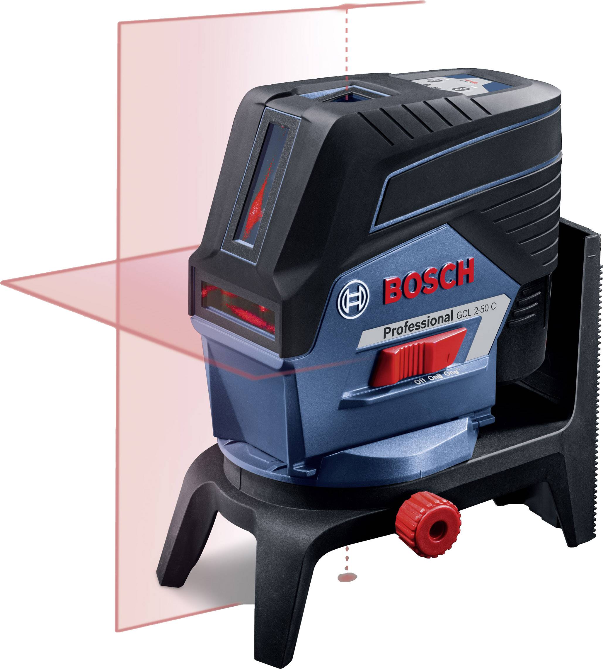 Kreuzlinienlaser Bosch Professional GLL 2-50 G auf Ständer zeigt rote vertikale und horizontale Laserlinien für präzise Messungen.