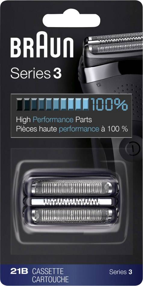 Verpackung eines Rasierer-Ersatzteils der Marke Braun, Serie 3. Zeigt Klingen und Text: 'High Performance Parts', Leistung 100%.
