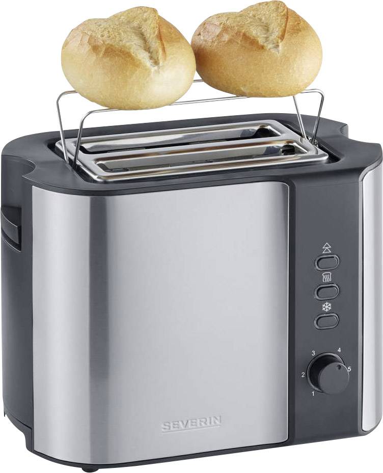 Toaster mit zwei Brötchen auf einem Brötchenaufsatz. Der Toaster hat vier Funktionen, einen Drehknopf und ist aus Metall und schwarzem Kunststoff gefertigt.