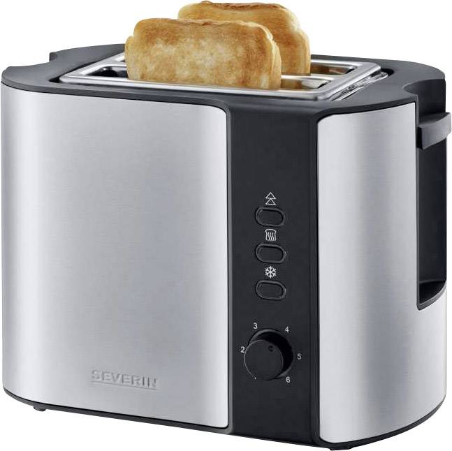 Ein silberner Toaster mit zwei getoasteten Brotscheiben oben. Drehknopf und Tasten an der Seite zur Einstellung der Röststufe.