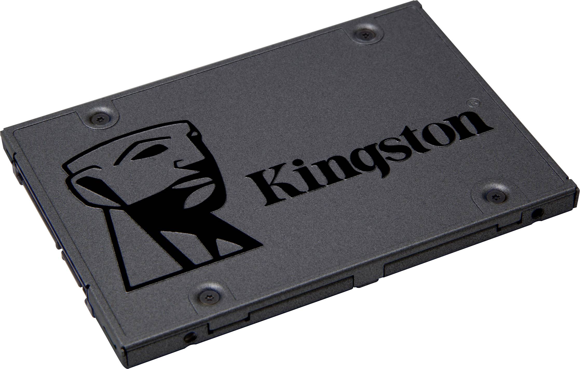 Eine schwarze SSD-Festplatte mit dem Logo und Schriftzug 'Kingston'.