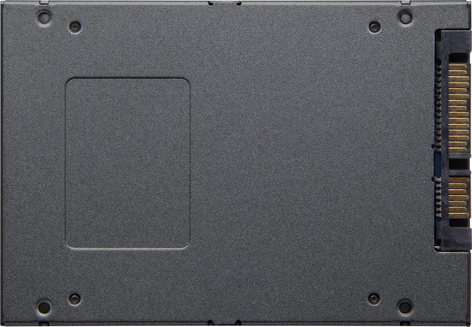 Eine graue SSD-Festplatte mit sichtbaren Anschlüssen an der rechten Seite, gezeigt von oben.