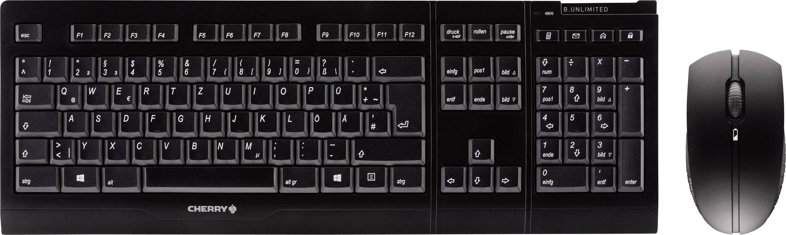 Tastatur und Maus-Set, schwarz. Die Tastatur hat ein deutsches QWERTZ-Layout. Beides kabellos.