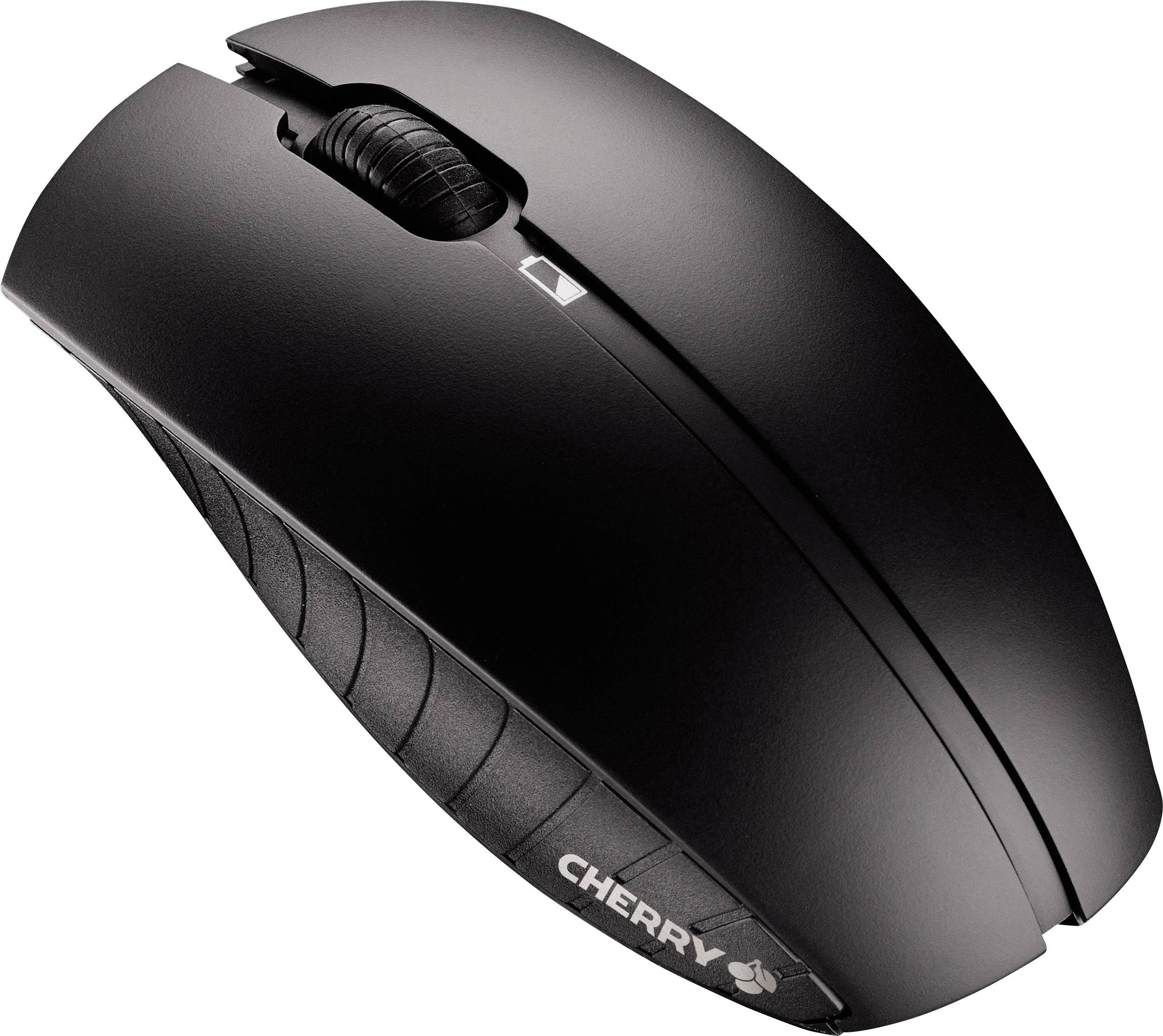 Schwarze drahtlose Computermaus mit ergonomischem Design, Logo auf der Seite. Gerändeltes Scrollrad und glatte Oberfläche.