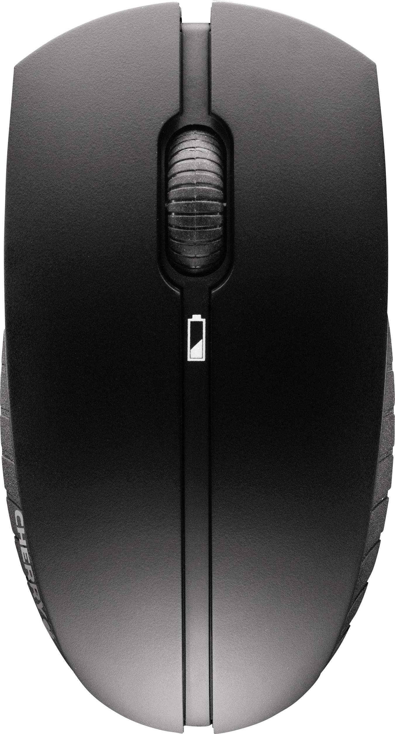 Draufsicht einer schwarzen Computermaus mit vertikalem Scrollrad und Batterieanzeige auf dem Gehäuse.