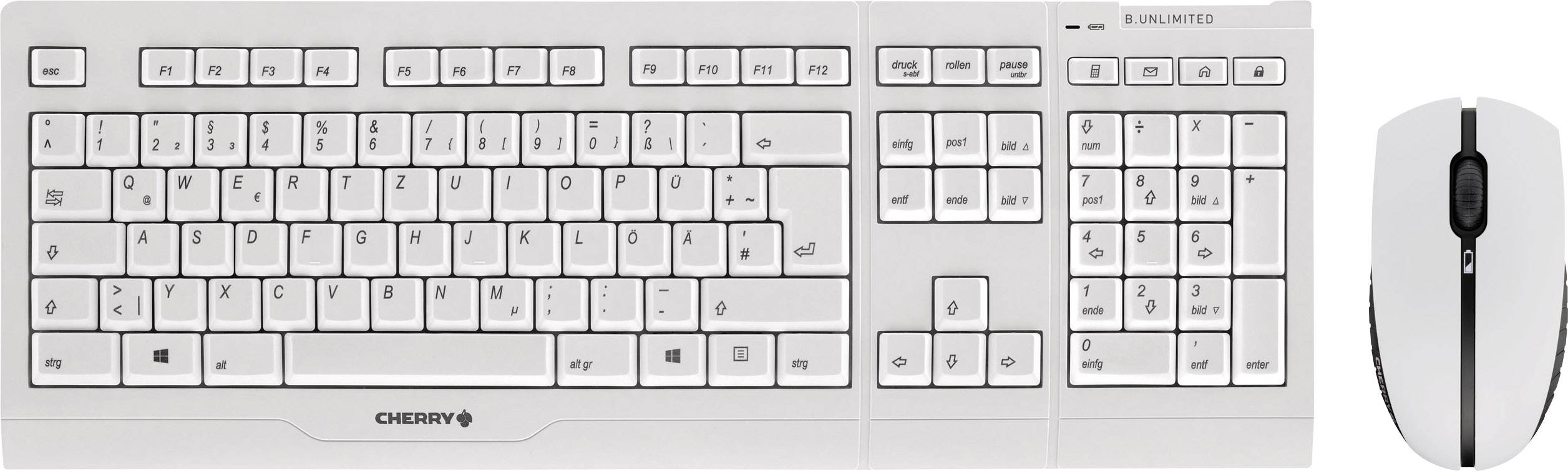 Kabellose weiße Tastatur und Maus-Set mit nummerischem Tastenfeld und Funktionstasten oben.