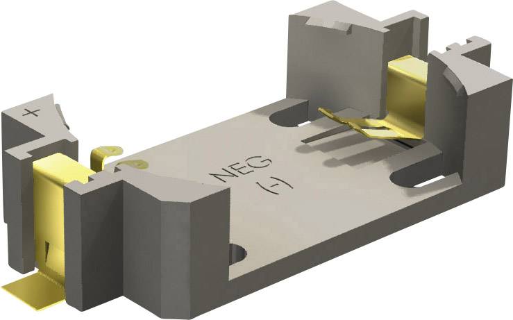 Batteriehalter in Grau mit aufgedruckter Aufschrift 'NEG (-)', zeigt die negative Seite in einer technischen Zeichnung.