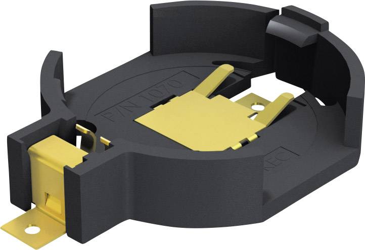 Schwarze, runde Batteriehalterung aus Kunststoff mit zwei goldfarbenen Kontakten. Geeignet zum Einsetzen einer Knopfzelle.