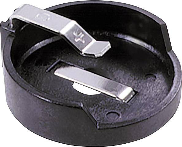 Rundes, schwarzes Gehäuse mit zwei metallischen Kontakten. Könnte ein elektrisches Bauteil oder eine Halterung sein.