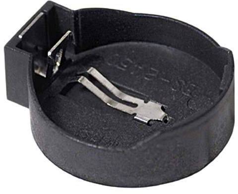 Runder Batteriehalter aus schwarzem Kunststoff mit einer Metallklemme für eine flache Knopfzellenbatterie.