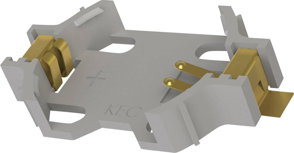 Ein grauer Batteriehalter mit goldenen Kontakten, passend für Knopfzellenbatterien.