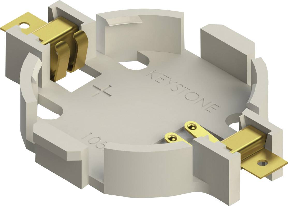 Eine weiße Batteriehalterung mit zwei goldenen Kontakten, die für eine kreisförmige Batteriemontage geeignet ist.