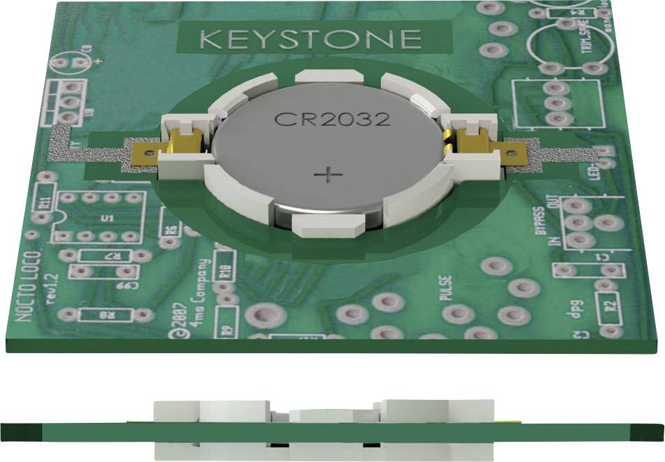 Eine grüne Leiterplatte mit einer montierten CR2032-Knopfbatterie. Oben der Text 'KEYSTONE'; umgeben von mehreren elektronischen Anschlüssen.