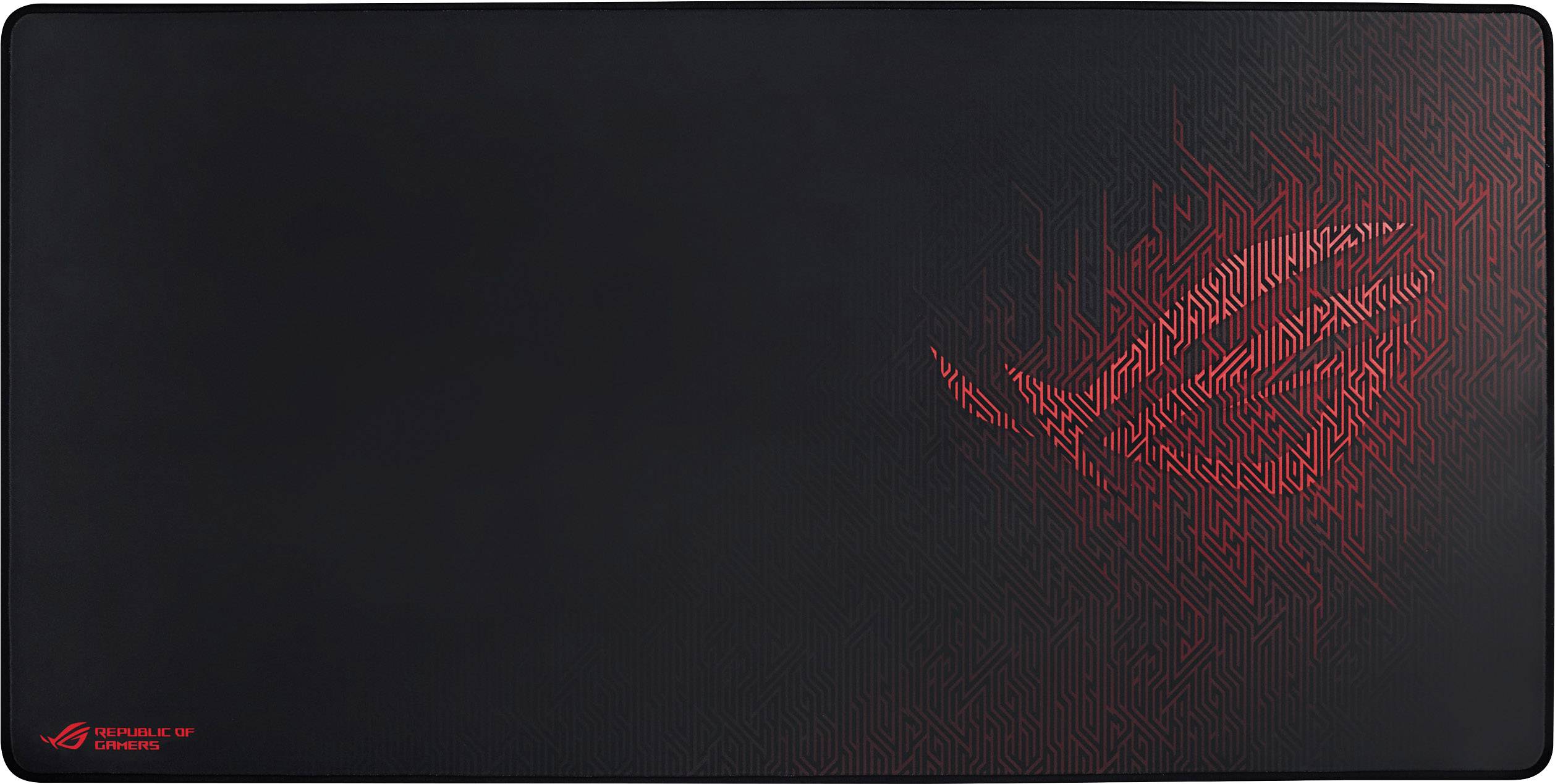 Schwarzes Gaming-Mousepad mit rotem, stilisiertem Logo und Muster auf der rechten Seite. Geeignet für Computerarbeitsplätze.