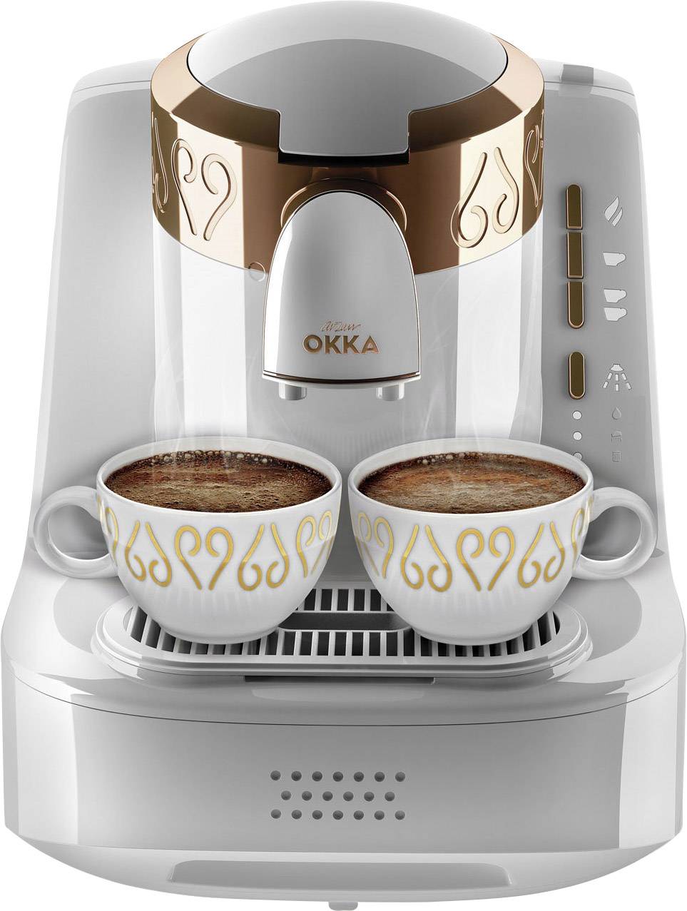 Kaffeemaschine mit zwei Tassen frisch gebrühten, cremigen Kaffees darauf. Gerät in modernem Design mit goldenen Verzierungen.