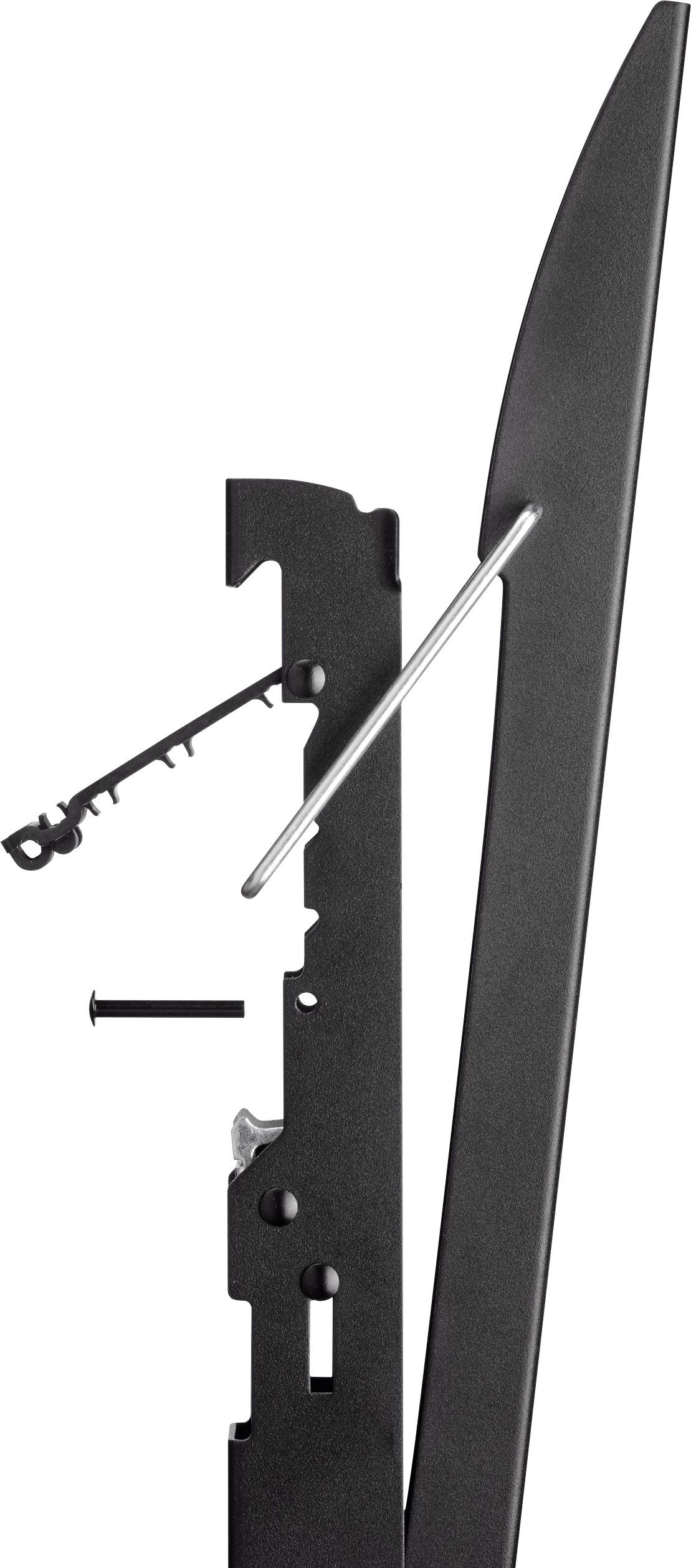 Seitenansicht eines Metallprofils mit abstehendem Haken und Schrauben, zeigt Teile eines Verbindungsmechanismus.