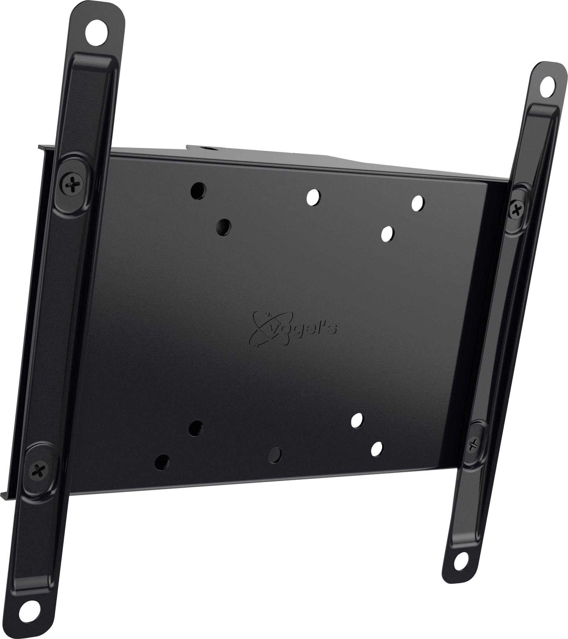 Schwarze Wandhalterung aus Metall, geeignet für die Montage eines Flachbildschirms. Verschiedene Löcher für flexible Befestigung.