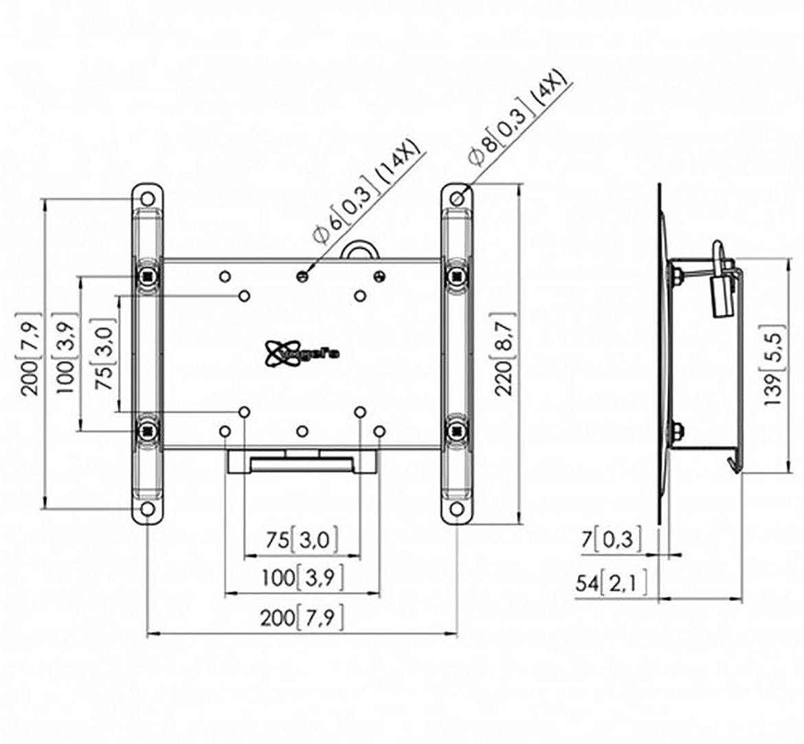 Technische Zeichnung einer Wandhalterung mit Maßen: Höhe 200 mm, Breite 200 mm, Tiefe 54 mm. Zeigt Front- und Seitenansicht mit Montagepunkten.