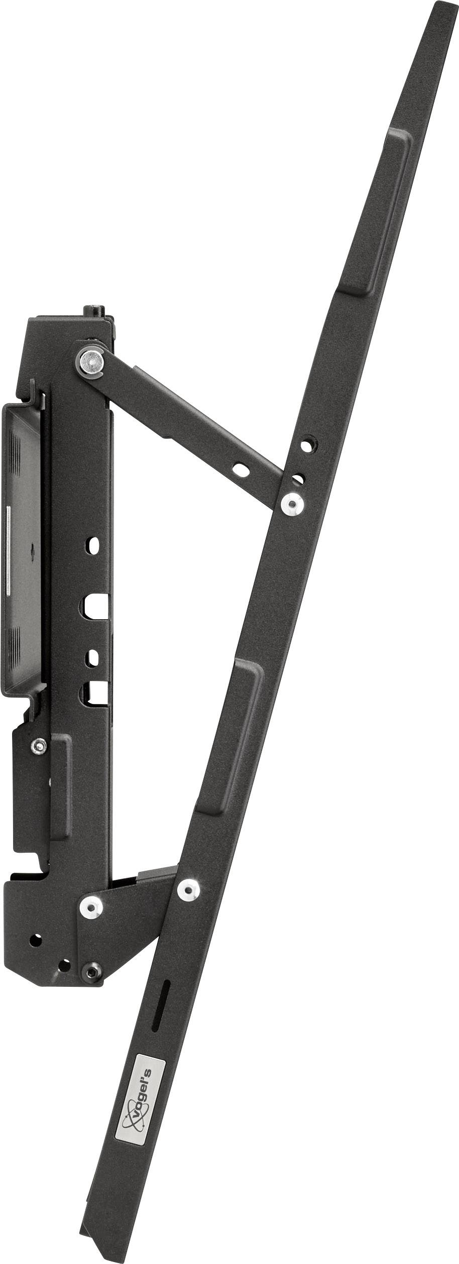 Ein schwarzer Monitorhalter, seitlich dargestellt, zeigt eine stabile Metallkonstruktion mit Scharnieren zur Neigungseinstellung.