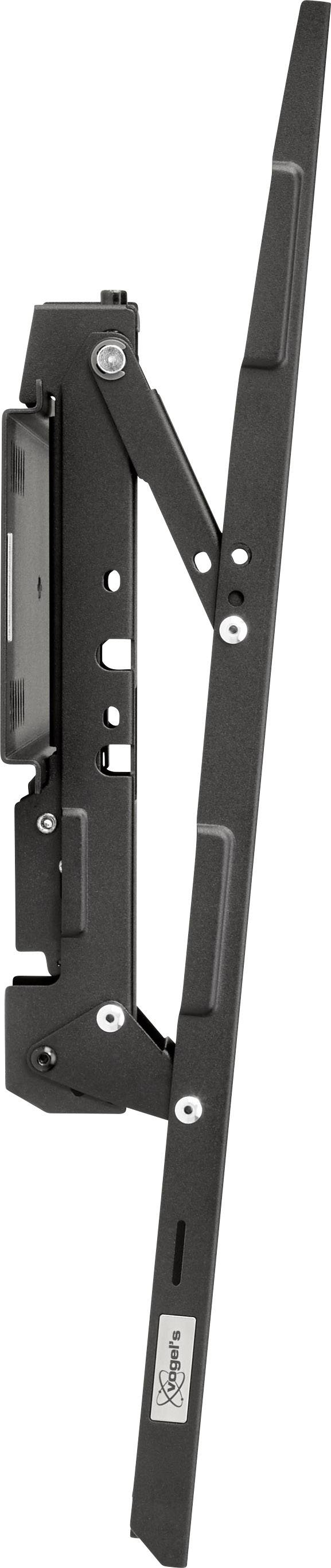 Eine schwarze, flache Montagestange mit Scharnier, seitlicher Ansicht, zeigt mechanische Details und Schraubstellen.