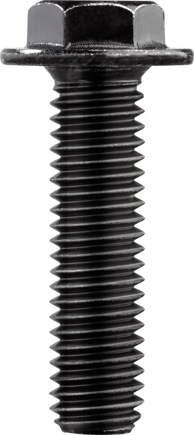 Ein schwarzer Metallschraubenbolzen mit Sechskantkopf und Gewinde.