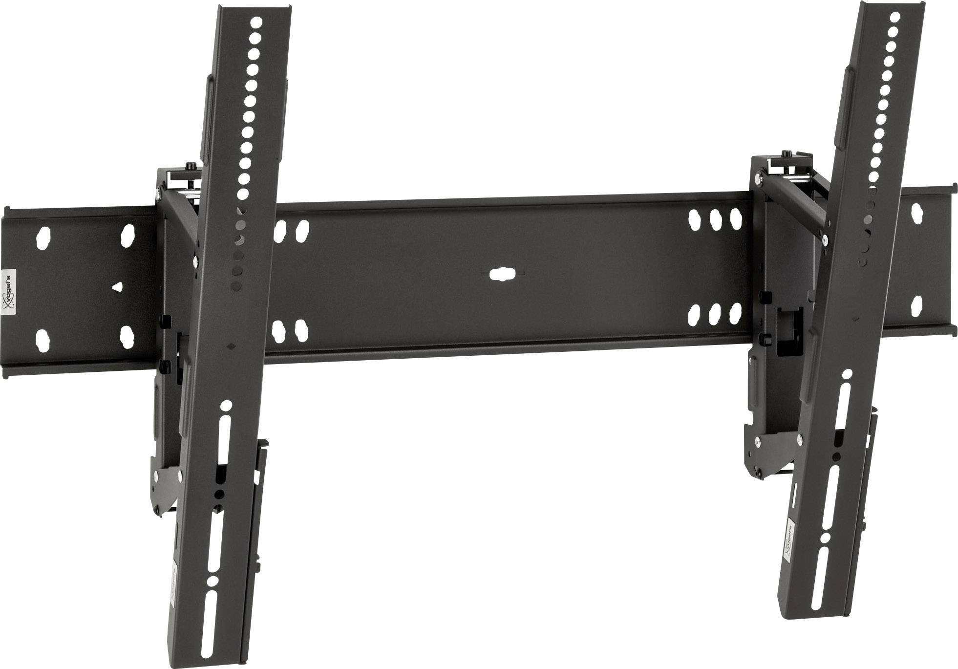 Montagehalterung für Flachbildschirm, schwarz, mit verstellbaren Armen und mehreren Befestigungslöchern für flexible Installation.