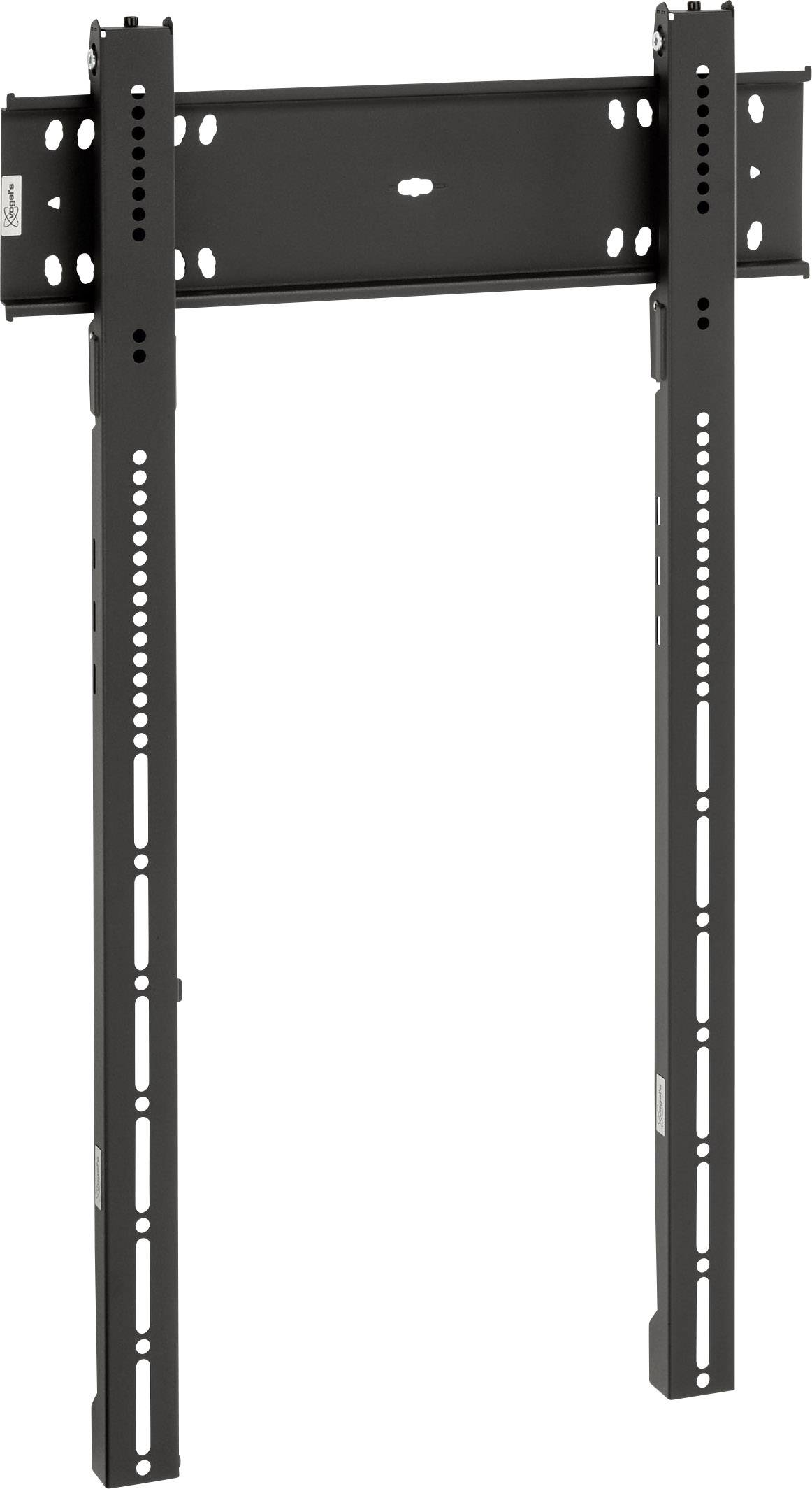 Schwarze, wandmontierte Halterung für flache Bildschirme; vertikale und horizontale Anpassungsmöglichkeiten zur flexiblen Installation.