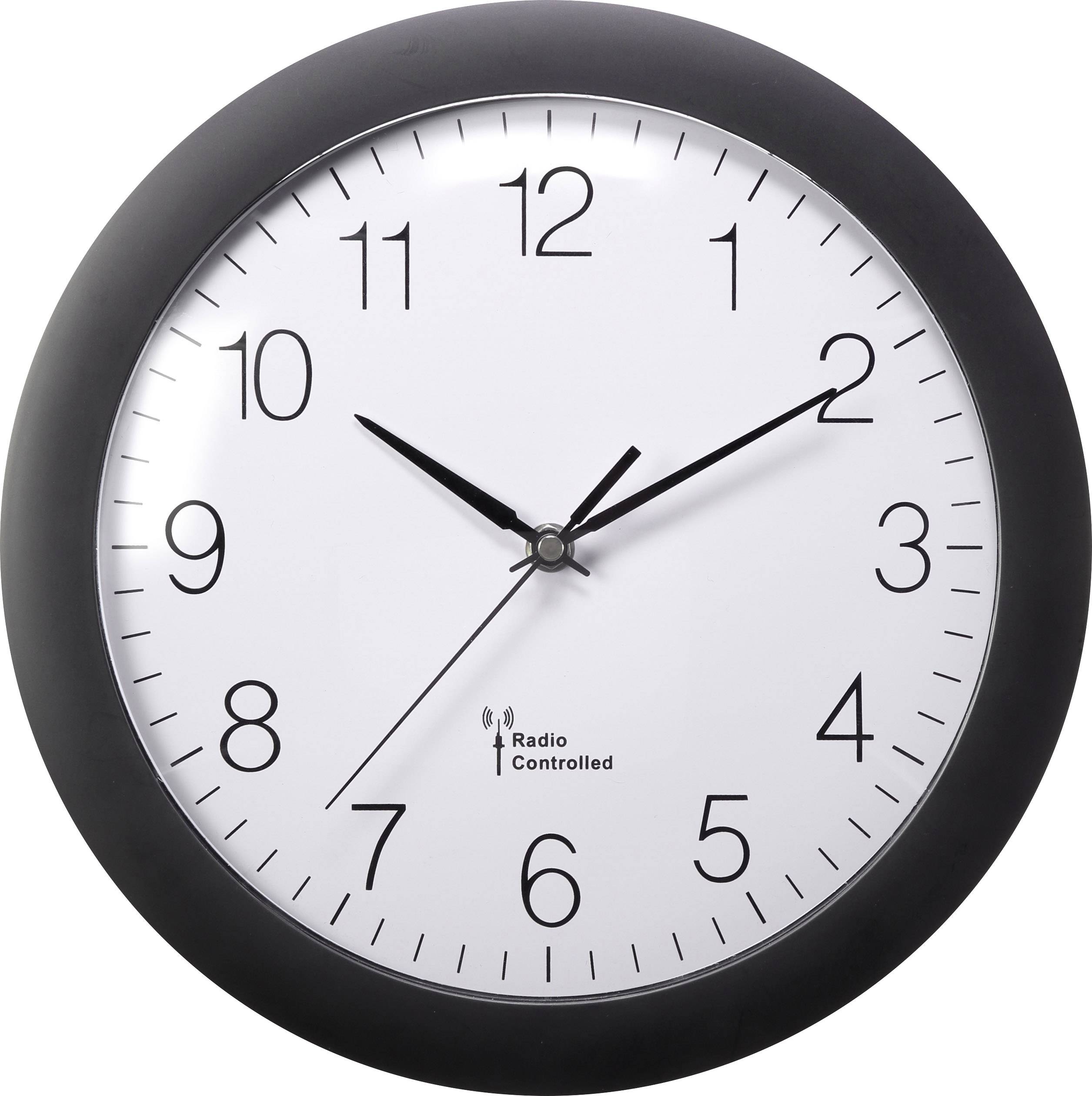 Analoguhr mit schwarzem Rahmen, weißen Zifferblatt und schwarzen Zahlen. Zeiger zeigen 10:08 Uhr. Uhr ist 'Funkgesteuert' gemäß Aufschrift.