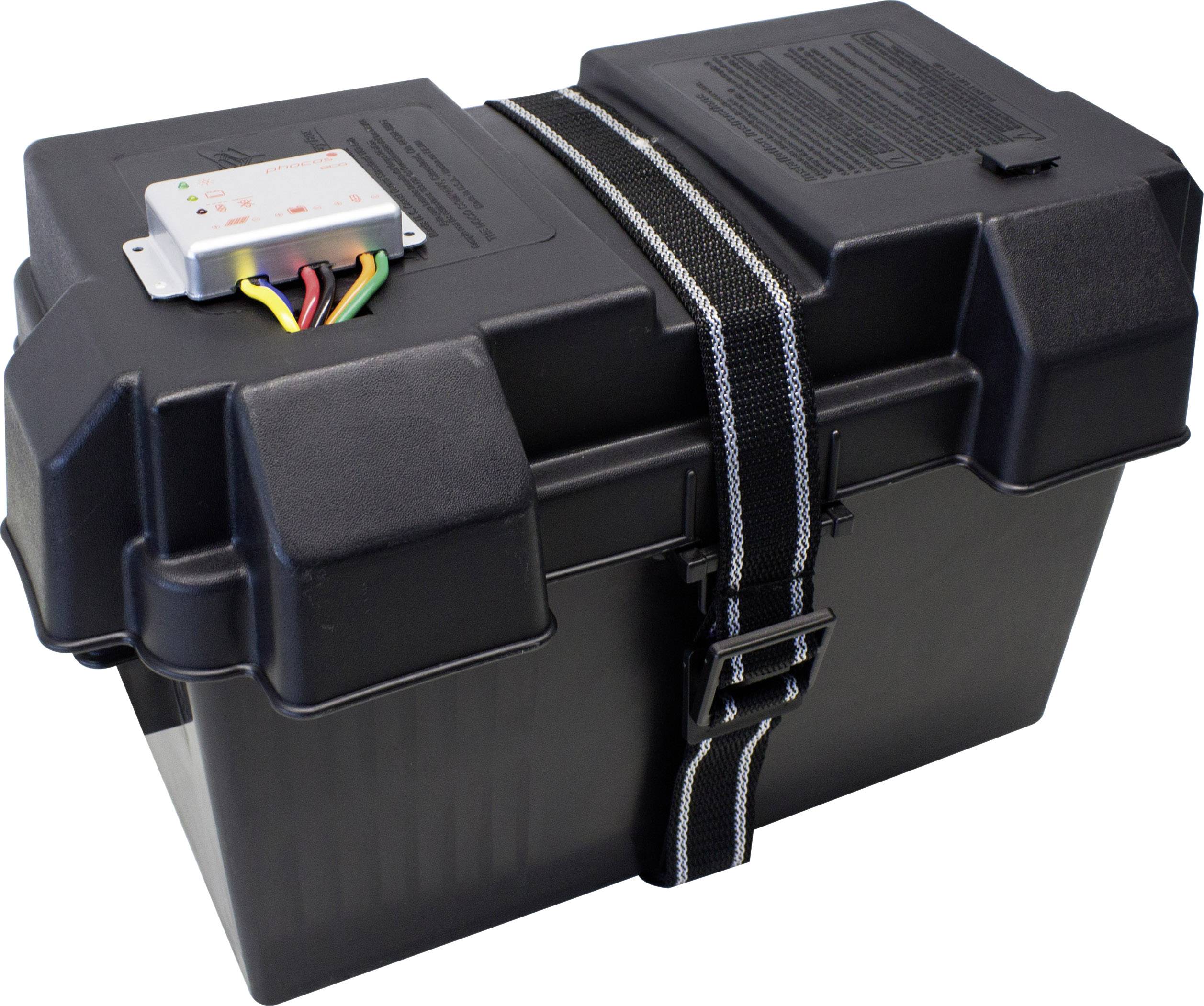 Eine schwarze, robuste Kunststoffbox mit Sicherheitsgurt und elektronischem Modul oben. Sie dient zur sicheren Aufbewahrung und Verbindung.