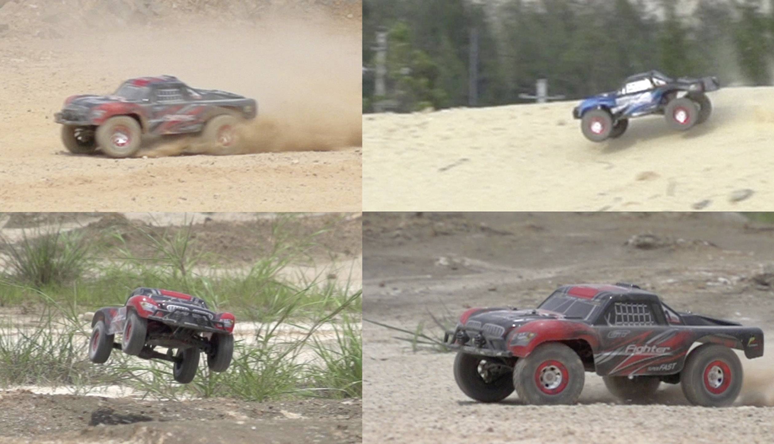 Vier Miniatur-Geländewagen fahren und springen über eine sandige Offroad-Strecke. Schnelle Bewegungen und Staub zeigen Dynamik.