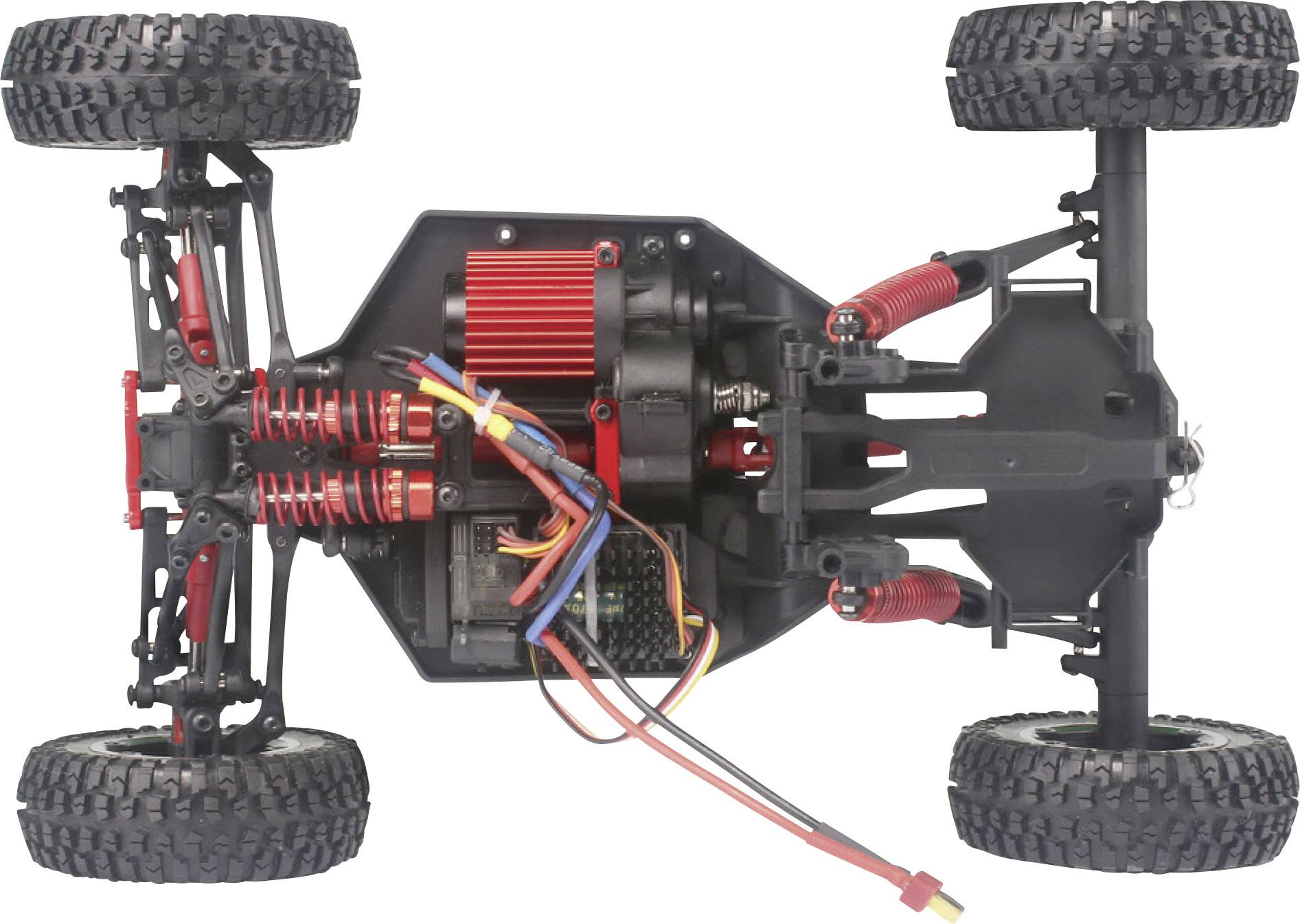 Ferngesteuertes Auto-Chassis von unten mit sichtbarem Antriebssystem, Stoßdämpfern und Elektronikkomponenten.