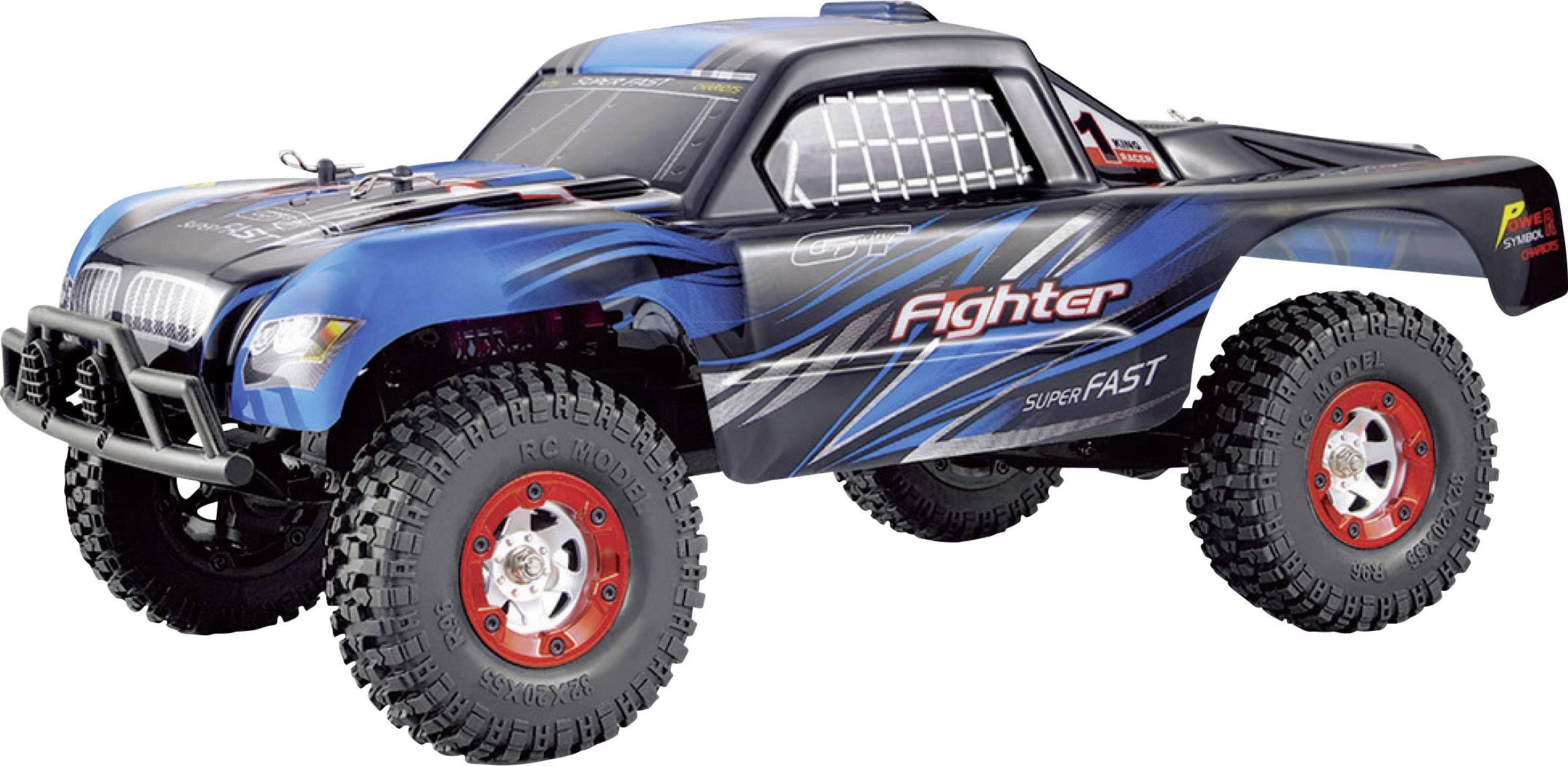 Ein blaues ferngesteuertes Auto mit großen Reifen und der Aufschrift 'Fighter' in roter Schrift steht in dynamischer Fahrtposition.
