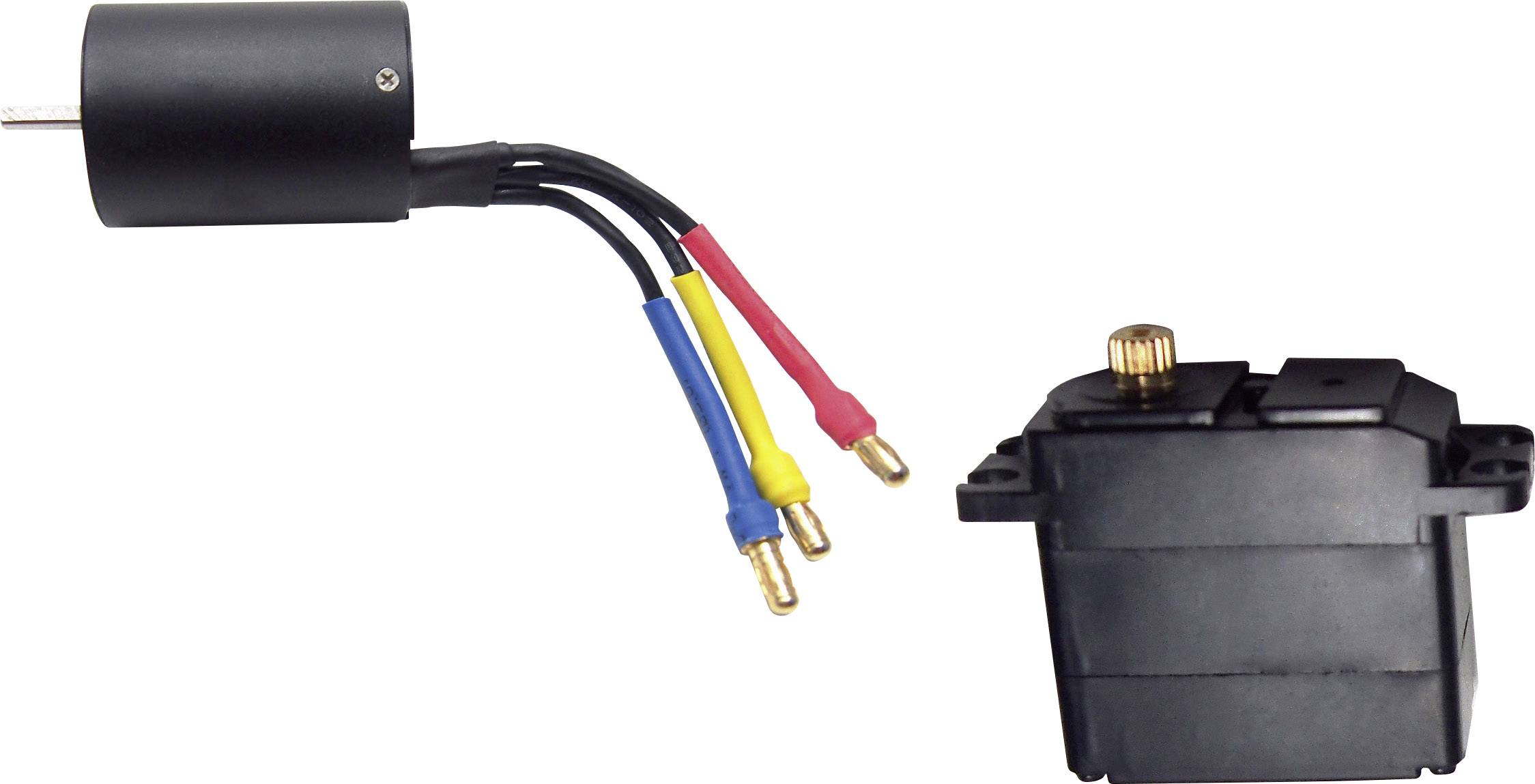 Ein schwarzer Elektromotor mit drei farbigen Kabeln (blau, gelb, rot) neben einem schwarzen Servo.