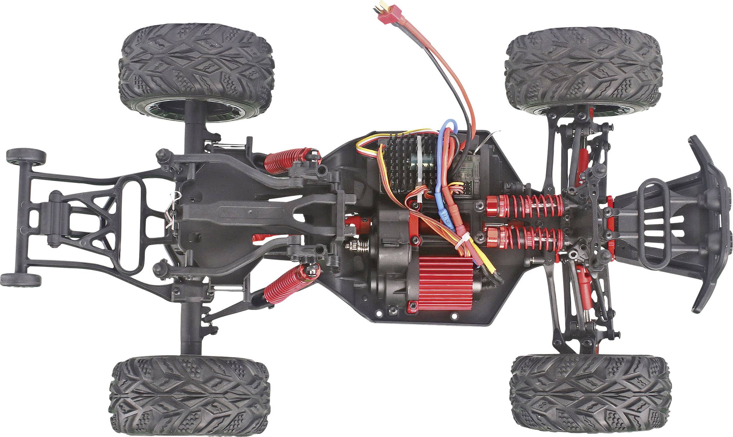 Ferngesteuertes Modellauto von unten gesehen, zeigt die Anordnung der Federung, Räder und elektronischen Komponenten.