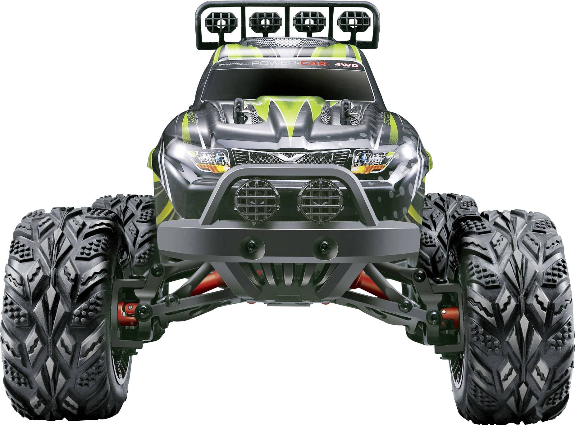 Ferngesteuertes Monstertruck-Spielzeugauto in Schwarz und Grün mit großen Reifen und Scheinwerfern, von vorne gesehen.