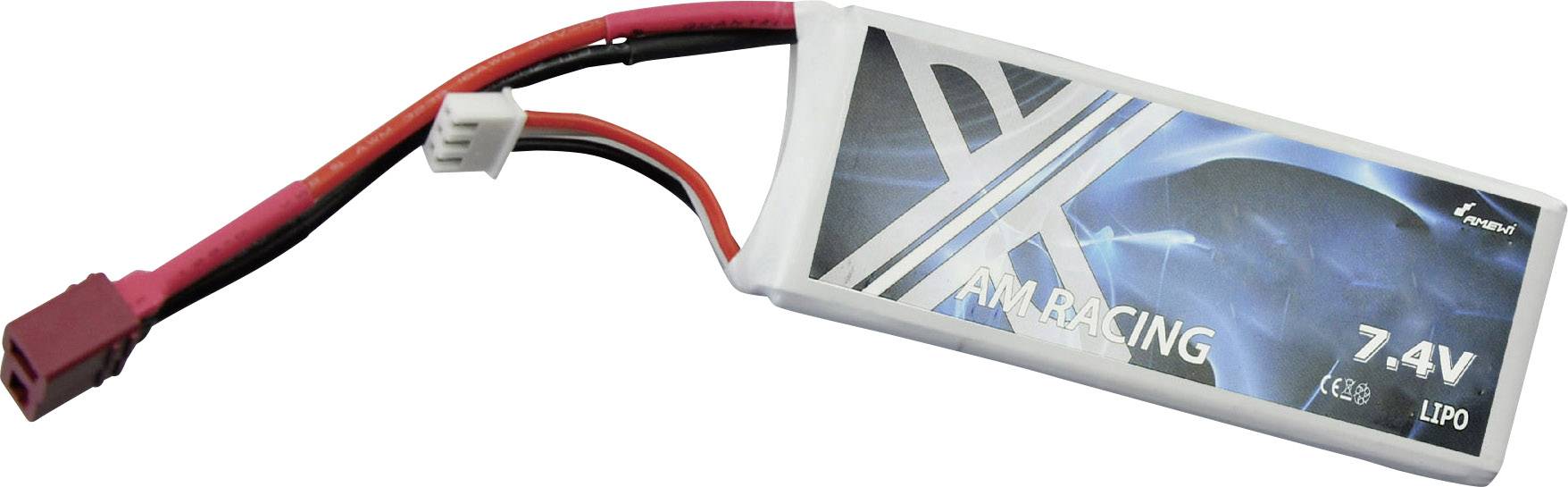 LiPo-Akku mit 7,4V und 450mAh, AM Racing-Label, zwei Kabelanschlüsse, geeignet für ferngesteuerte Modelle.
