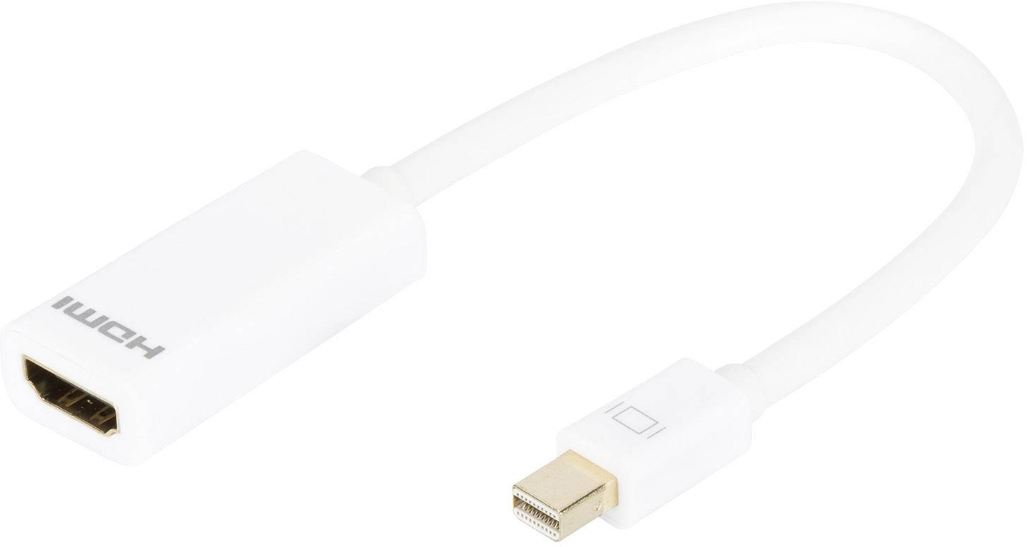 Ein weißer HDMI-zu-Mini-DisplayPort-Adapter, der zum Verbinden von Geräten verwendet wird, insbesondere für Video- und Audioübertragung.