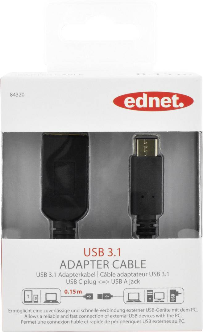 ednet USB 3.2 Gen 1 (USB 3.0) Adapterkabel [1x USB 3.2 Gen 1 Buchse A (USB 3.0) - 1x USB-C™ Stecker] 84320 mit OTG-Funktion