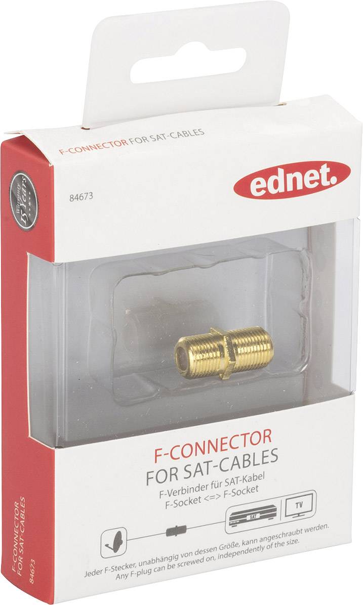 ednet 84673 F-Verbinder für Satellitenkabel mit F-Stecker, Buchse/Buchse, 75 Ohm, gold, Metall    ednet