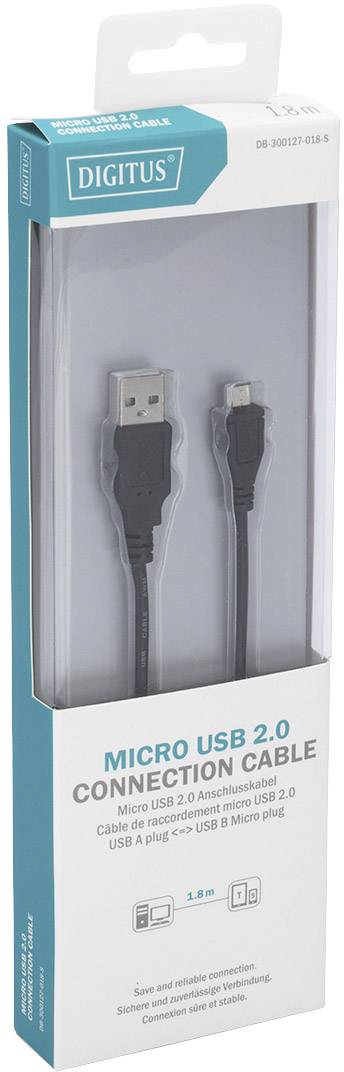Digitus USB-Kabel USB 2.0 USB-A Stecker, USB-Micro-B Stecker 1.80m Schwarz Rund, doppelt geschirmt DB-300127-018-S