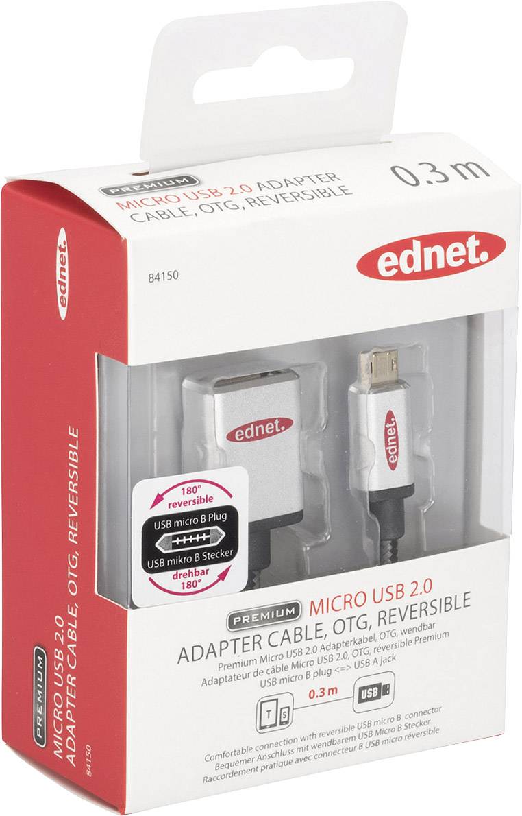 Ednet USB 2.0 Adapterkabel [1x USB 2.0 Buchse A - 1x USB 2.0 Stecker Micro-B] mit OTG-Funktion