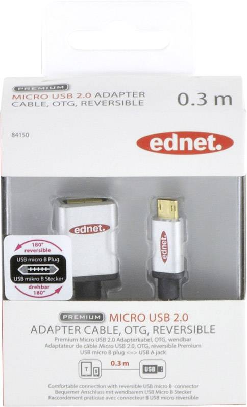 Ednet USB 2.0 Adapterkabel [1x USB 2.0 Buchse A - 1x USB 2.0 Stecker Micro-B] mit OTG-Funktion