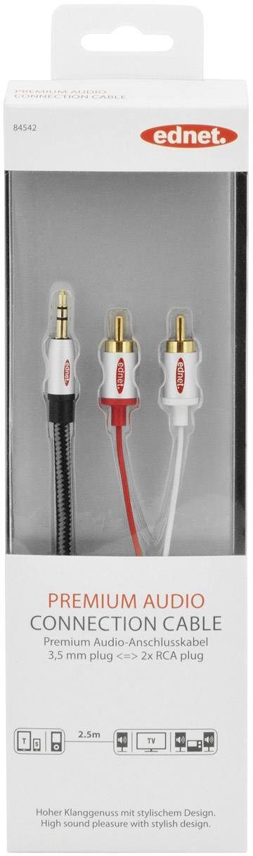 ednet 84542 Stereo Cinch (R/L) / Cinch Audio Anschlusskabel [2x Cinch-Stecker - 1x Klinkenstecker 3.5 mm] 2.50 m Schwarz Einzelschirm, Rund
