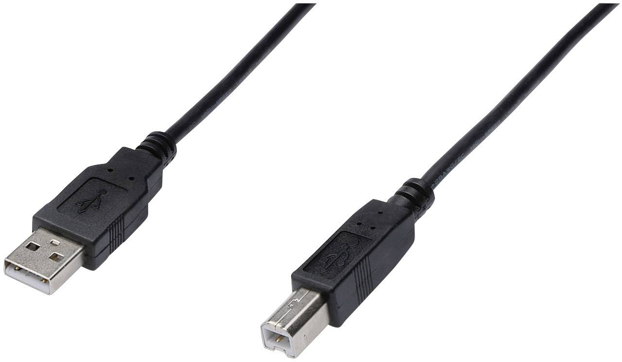 Zwei schwarze USB-Kabel: links ein USB-A-Stecker, rechts ein USB-B-Stecker, auf weißem Hintergrund.